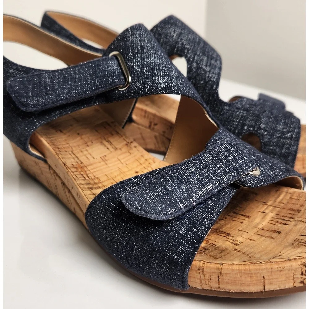 Women's Navy Shimmer Leather Cork Wedge Sandals Adjustable Straps Blue 9M